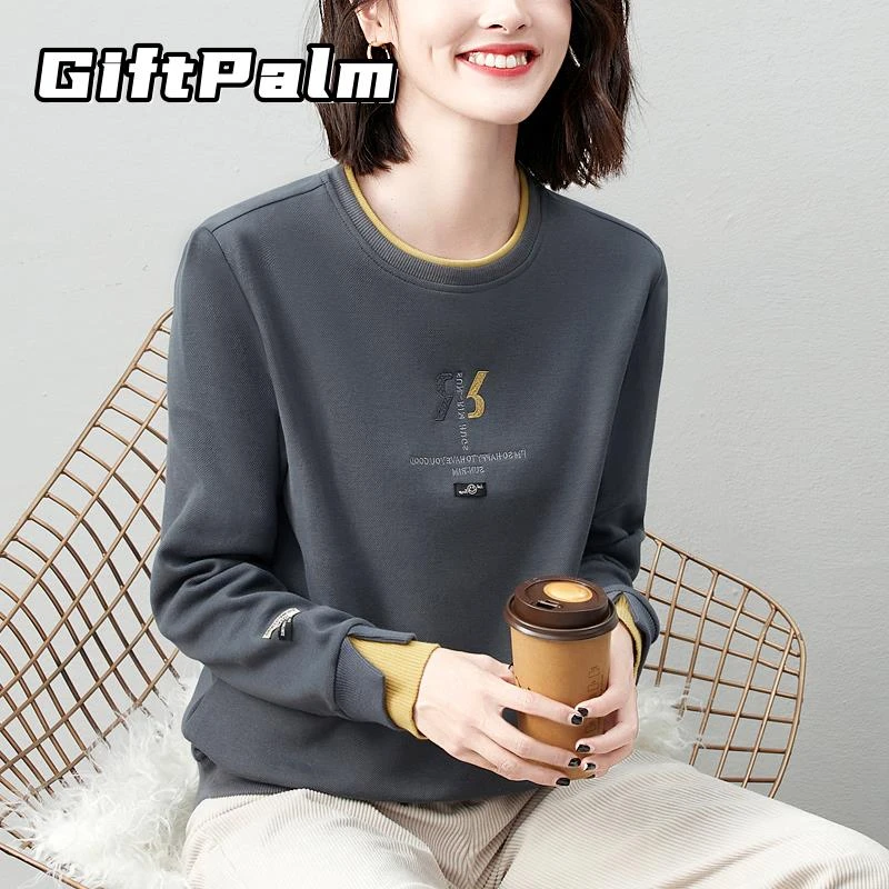 GiftPalm正肩圆领卫衣秋季新款爆款中年妈妈春装上衣显瘦长袖外套