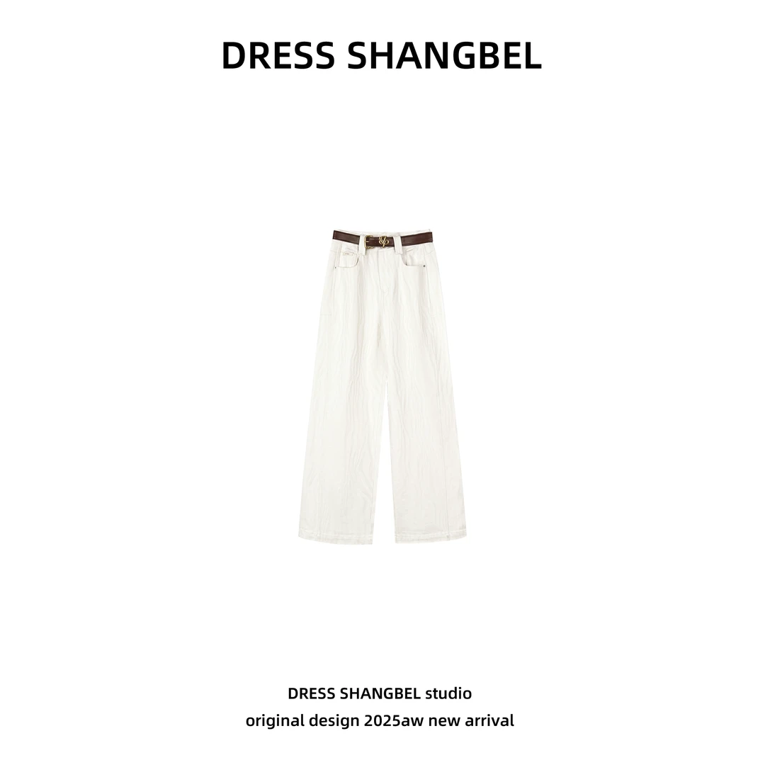DRESS -秋季新款C米白色长裤时尚牛仔裤设计师水洗阔腿裤5850H