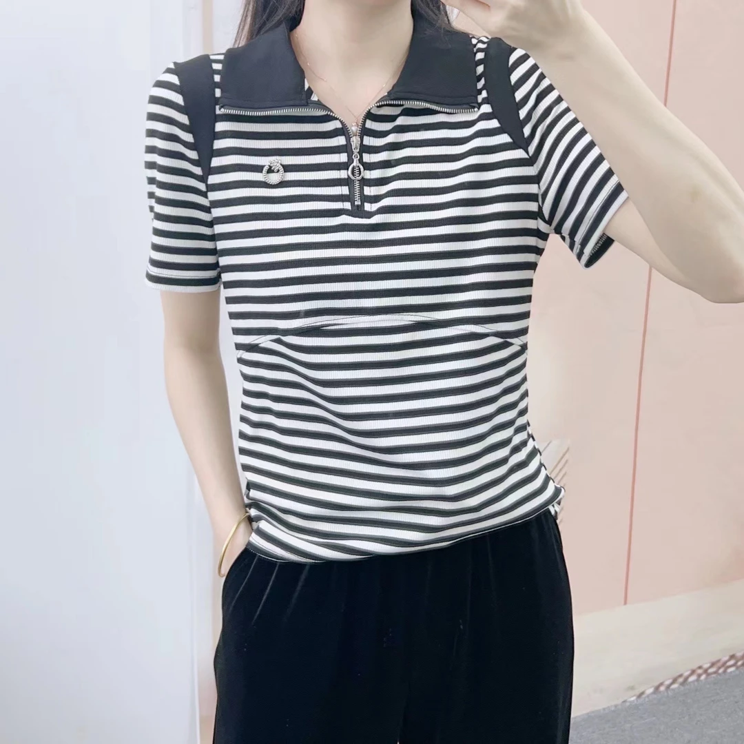 033专柜汉派女时尚休闲韩版百搭条纹POLO领T恤衫F3清