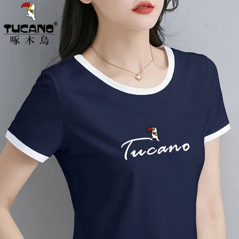 啄木鸟官方正品夏季新款拼接圆领短袖t恤女修身时尚显瘦半袖上衣