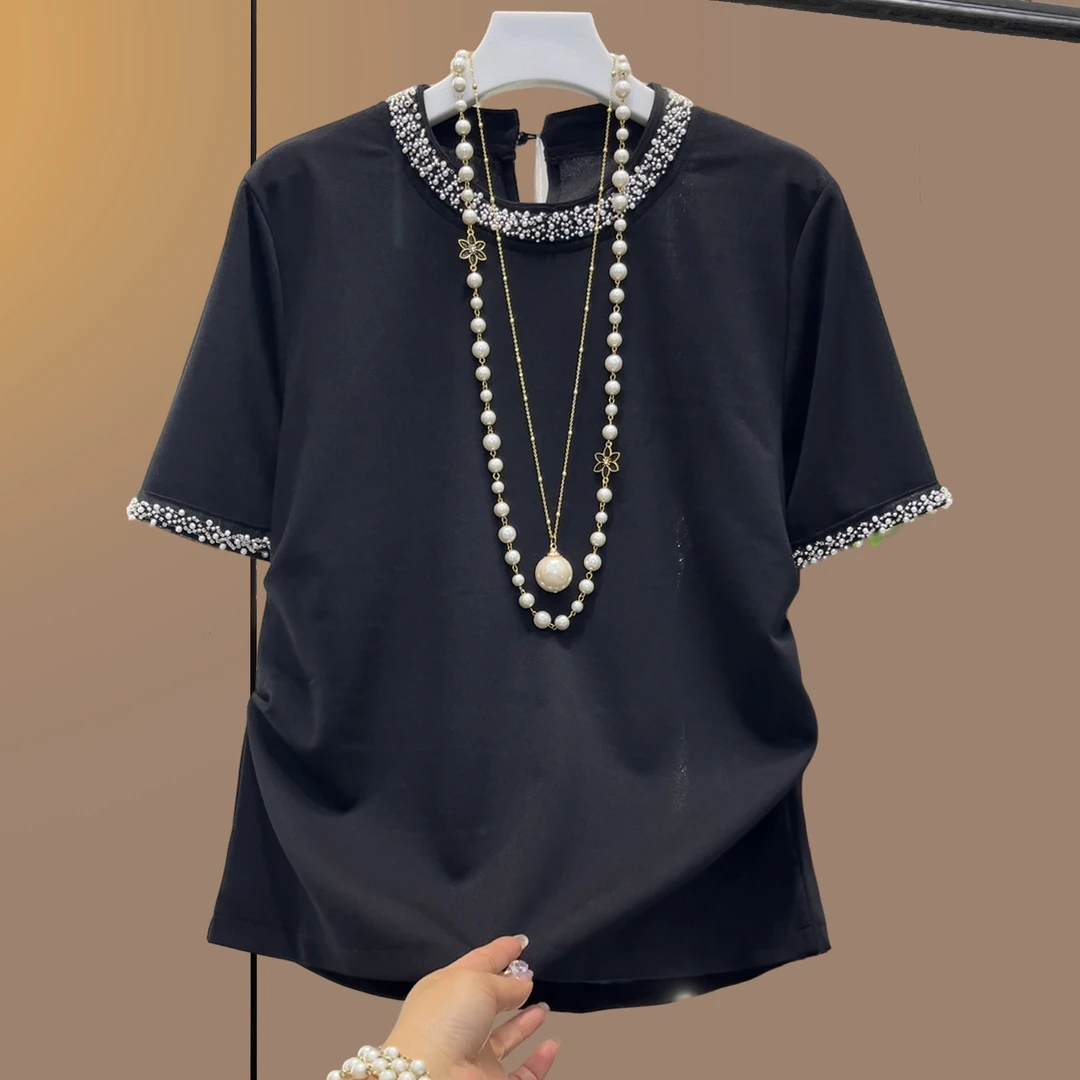 大码女装夏季钉珠立体裁剪气质宽松半袖