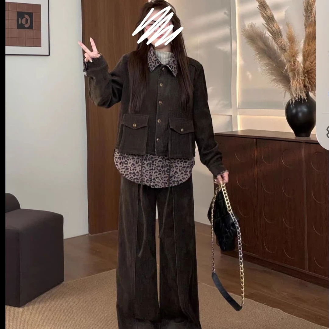 新款薄棉大码女装气质拼接豹纹显瘦外套长裤套装