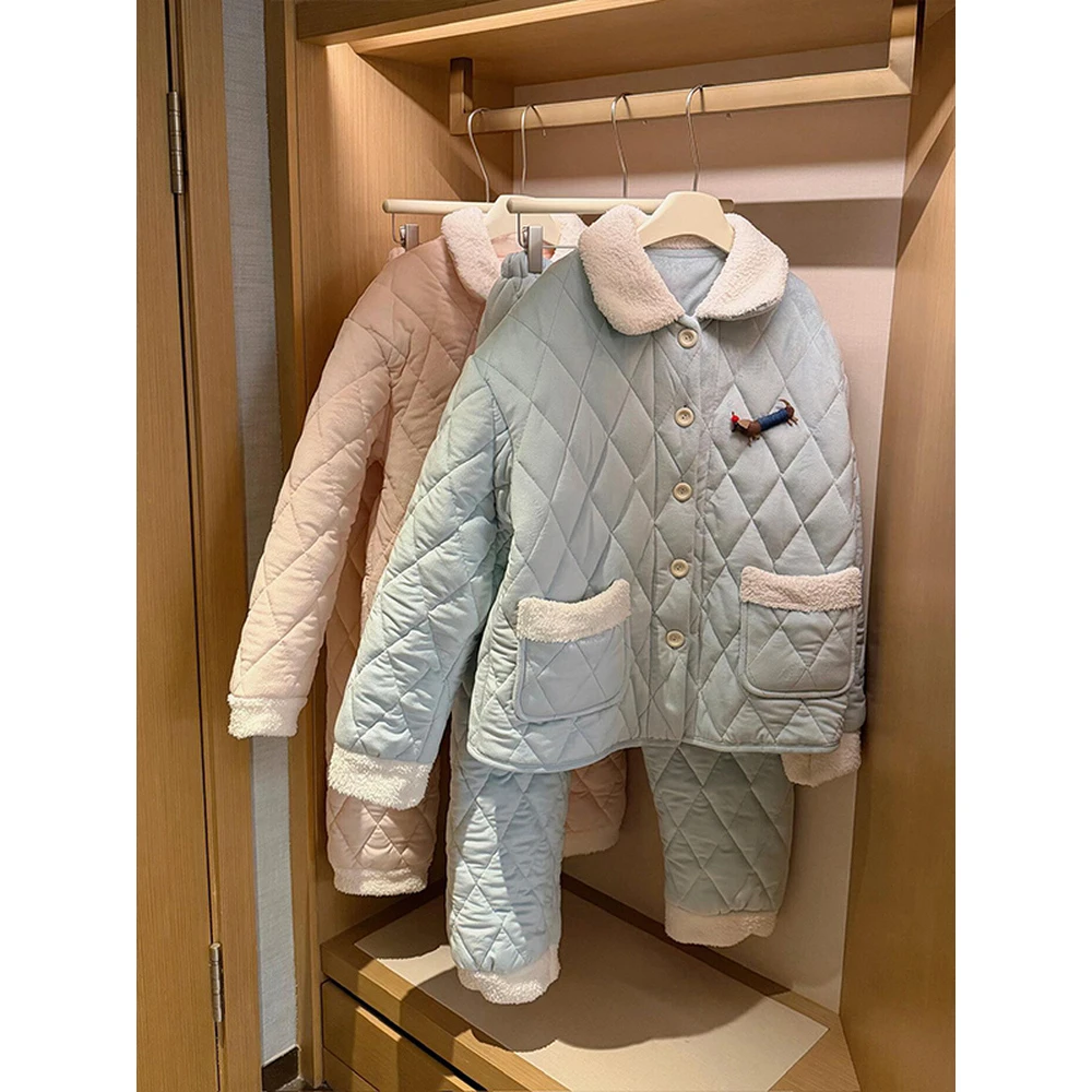 卡通腊肠狗夹棉睡衣女2025冬季加绒加厚棉服保暖家居服套装可外穿