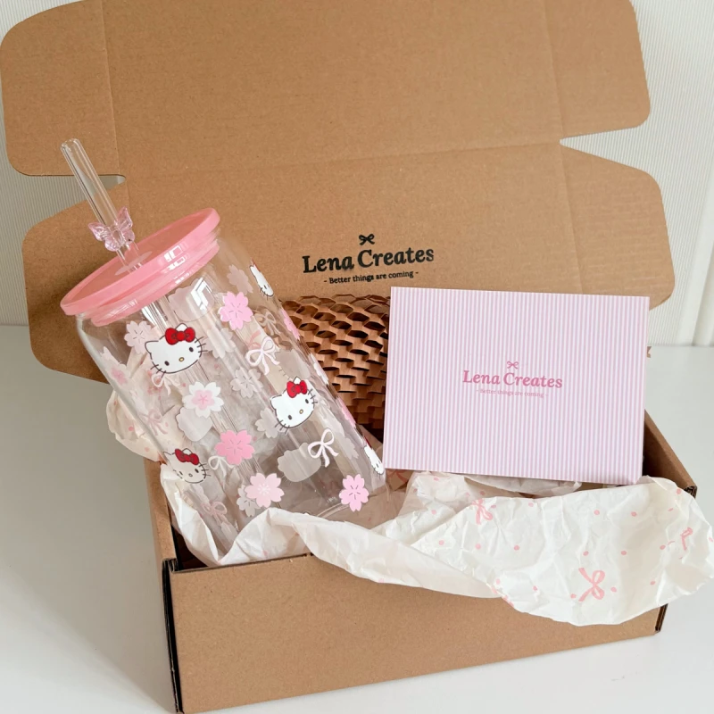 LenaCreates 可爱kitty蝴蝶结樱花夏天玻璃吸管杯 高硼硅耐热玻璃