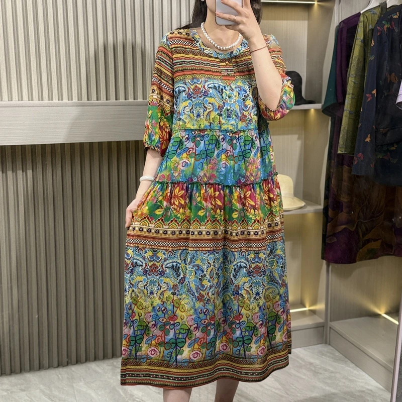 A165新款夏圆领印花妈妈装靓丽洋气时尚名族风长裙大码女装中老年