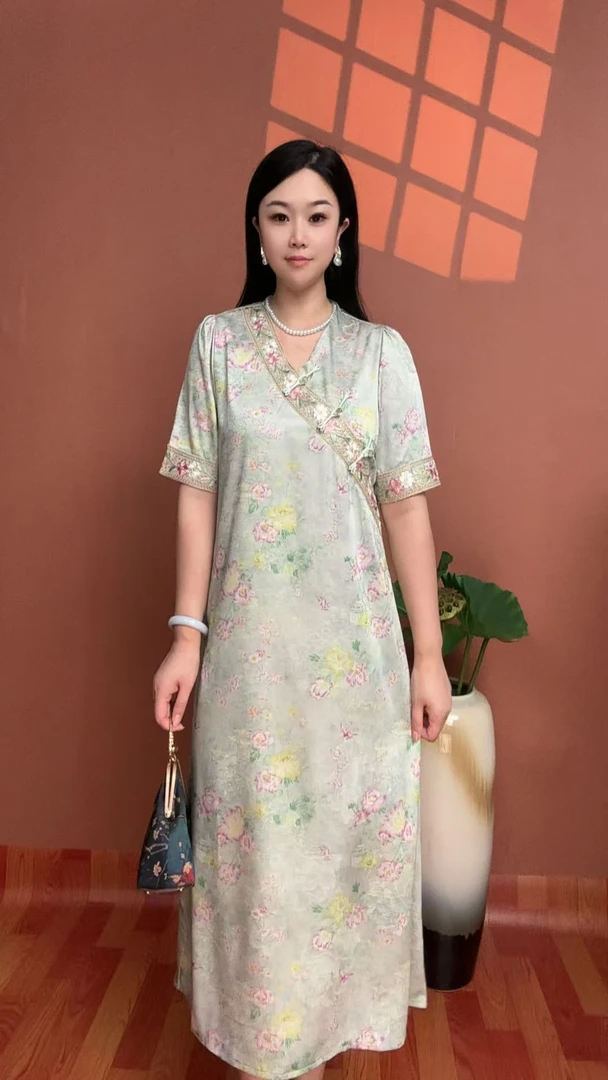 【荷叶绿】斜襟夏季新中式碎花连衣裙女装中国风显瘦裙子妈妈装