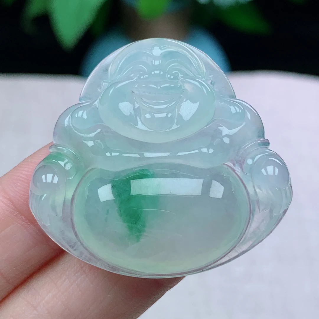 y缅甸天然翡翠A货37.4-40.3-8.8玉石老坑冰种飘花佛公毛衣链吊坠