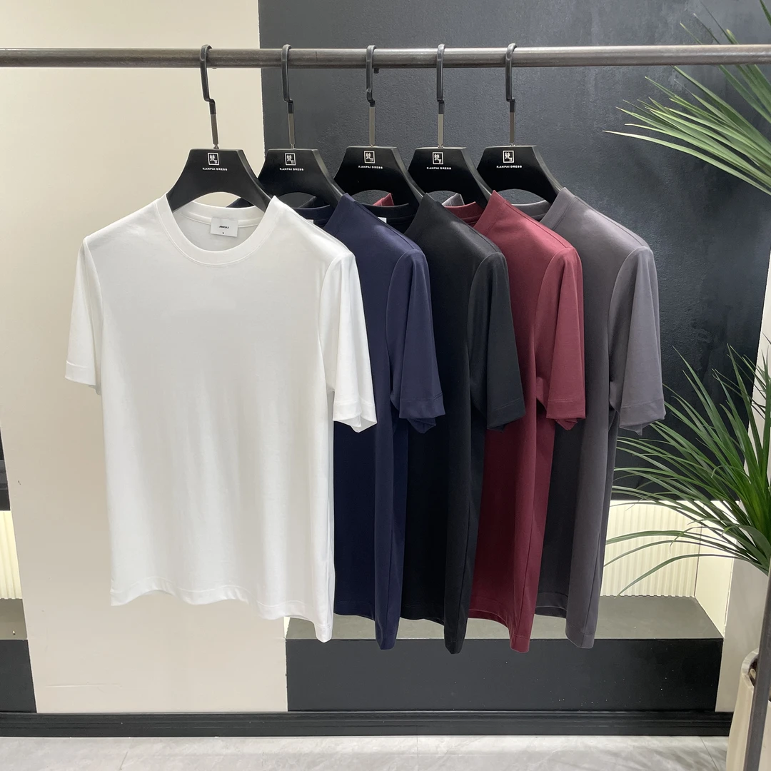 （高档丝光纯棉）-夏季新款高档轻奢液氨长绒棉男士纯色短袖小白T恤