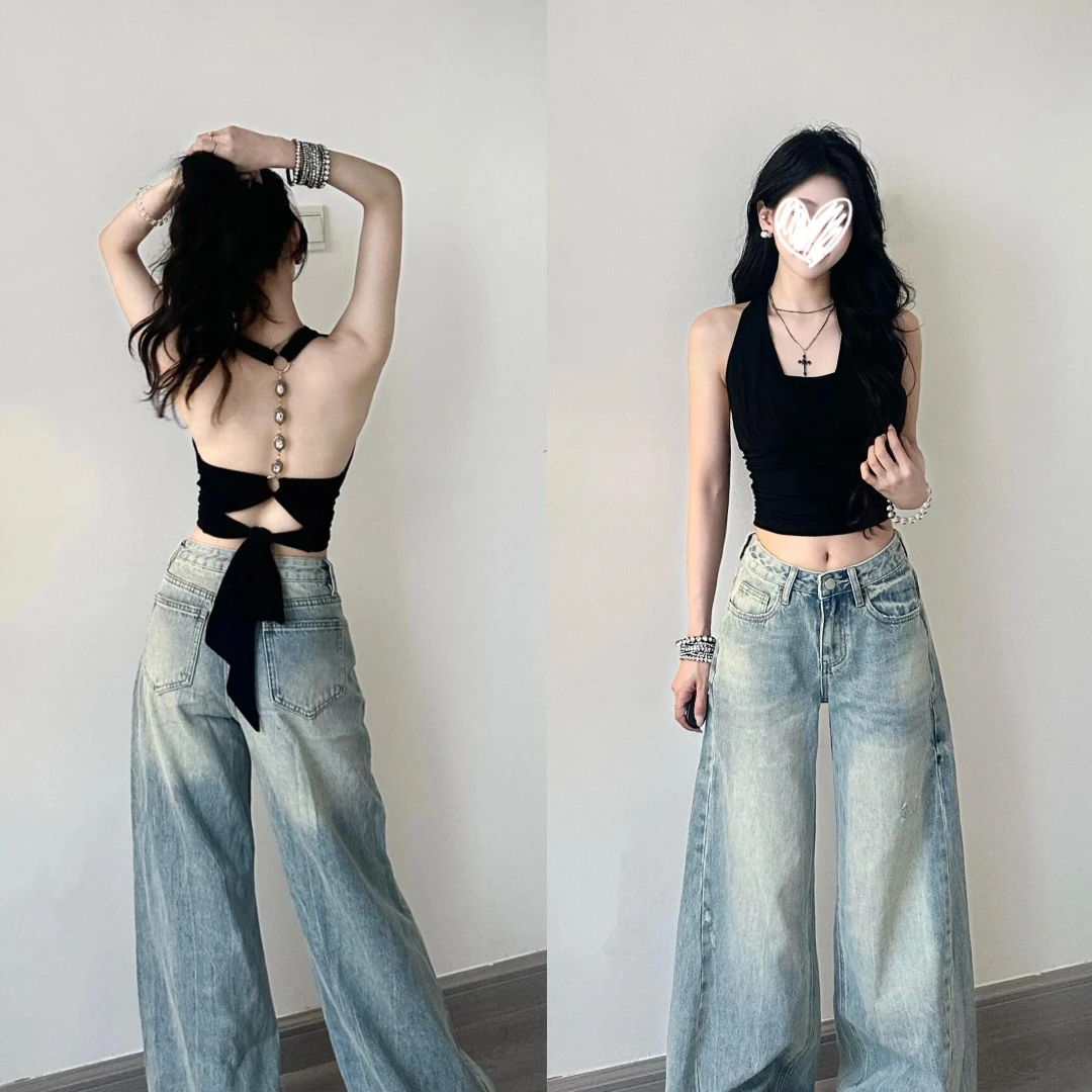 艺等2025年春夏季新款黑色美背短款绑带修身外穿设计感辣妹打底