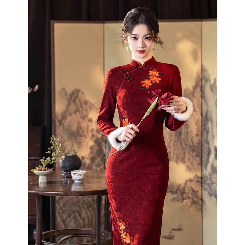 【风慢】刺绣加绒红色旗袍冬款秋冬长袖新中式裙敬酒服新娘连衣裙