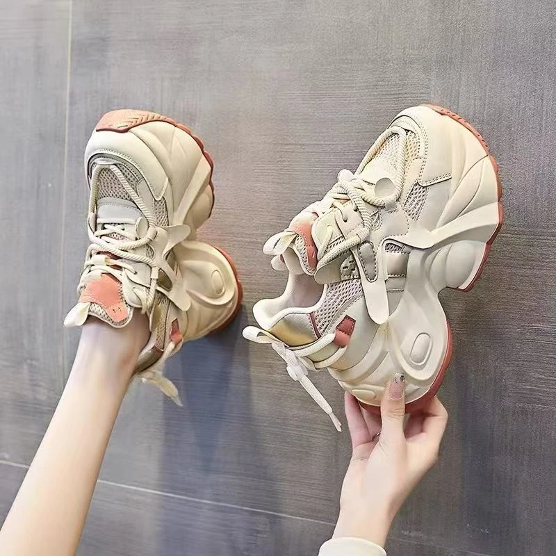 镂空透气内增高老爹鞋女鞋2025夏季新款厚底松糕网面休闲运动凉鞋