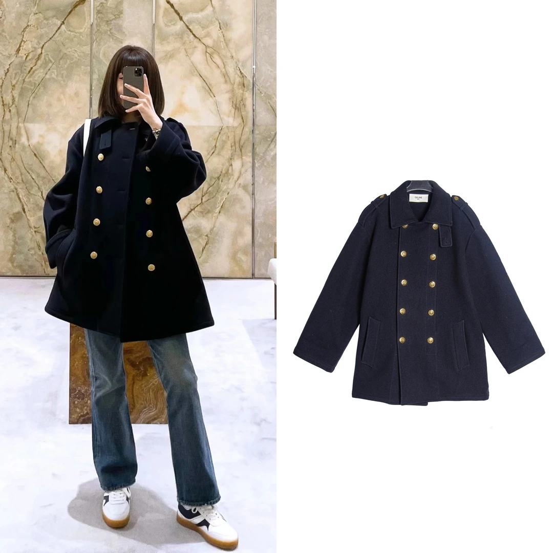 未使用 Celine/思琳 时尚双排扣羊毛毛呢大衣藏蓝色38码C2903