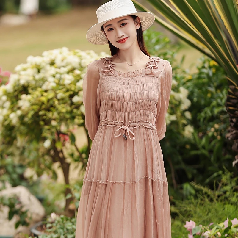 拜占庭的森林百搭桑蚕丝长裙气质时尚纯色轻盈飘逸收腰真丝连衣裙