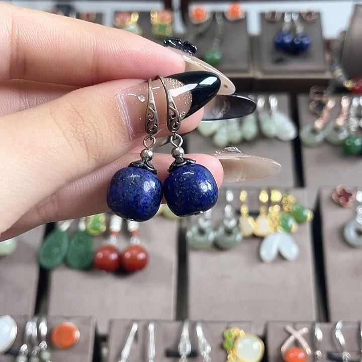 青金石银S925镶嵌耳饰12左右