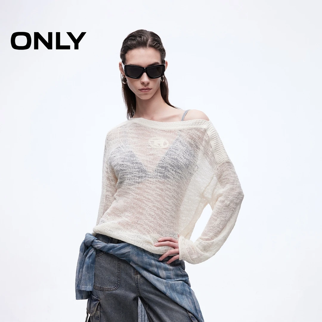 ONLY秋季透气镂空显瘦落肩针织衫女气质纯欲慵懒风女装|125124013