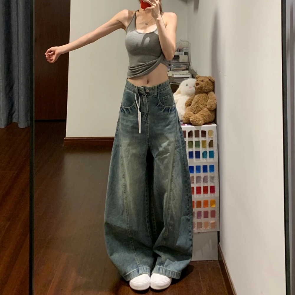 美式高街复古蓝水洗牛仔裤女2025秋季高腰梨形阔腿宽松弯刀拖地裤