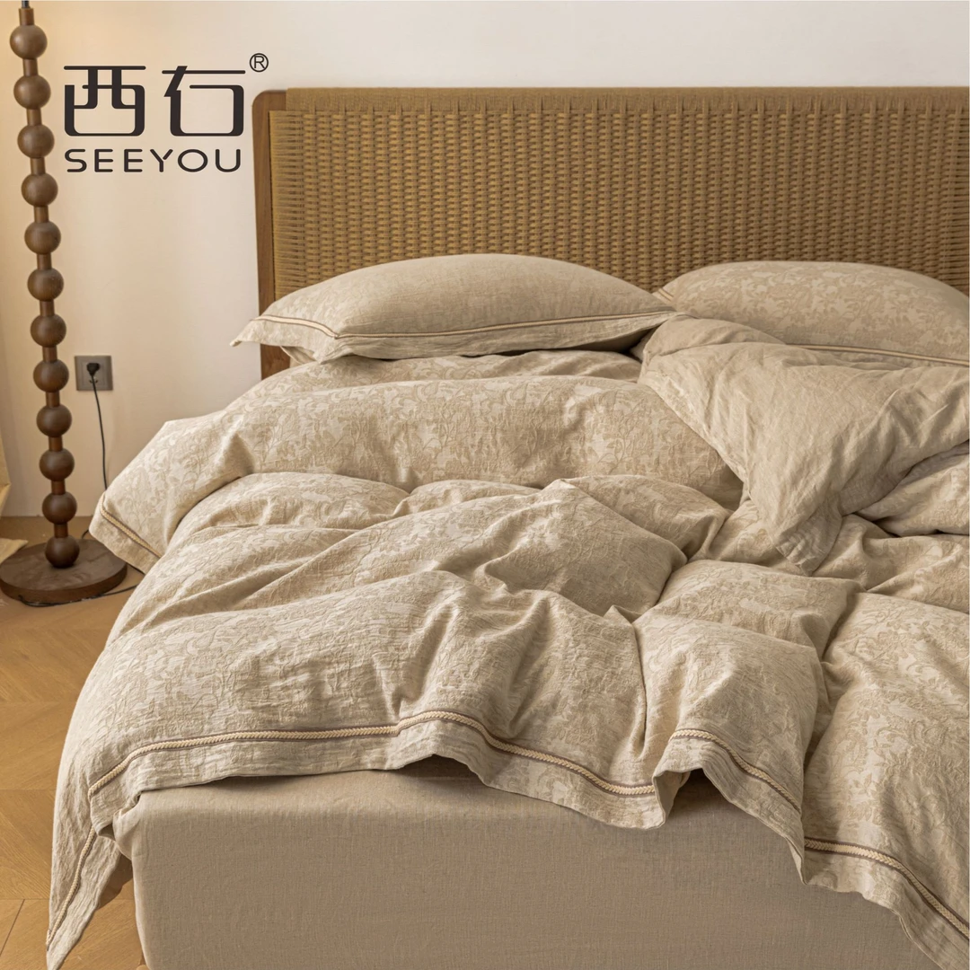 ｜笙香｜亚麻新疆长绒棉 麻棉贡缎三层纱提花四件套