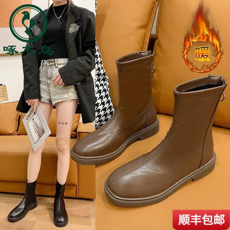 啄木鸟女款洋气短靴女英伦风马丁靴2025年秋季新款时尚加绒瘦瘦靴