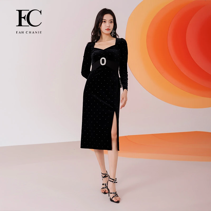 EAH CHANIE复古方领丝绒烫钻连衣裙显瘦优雅气质9639CL226