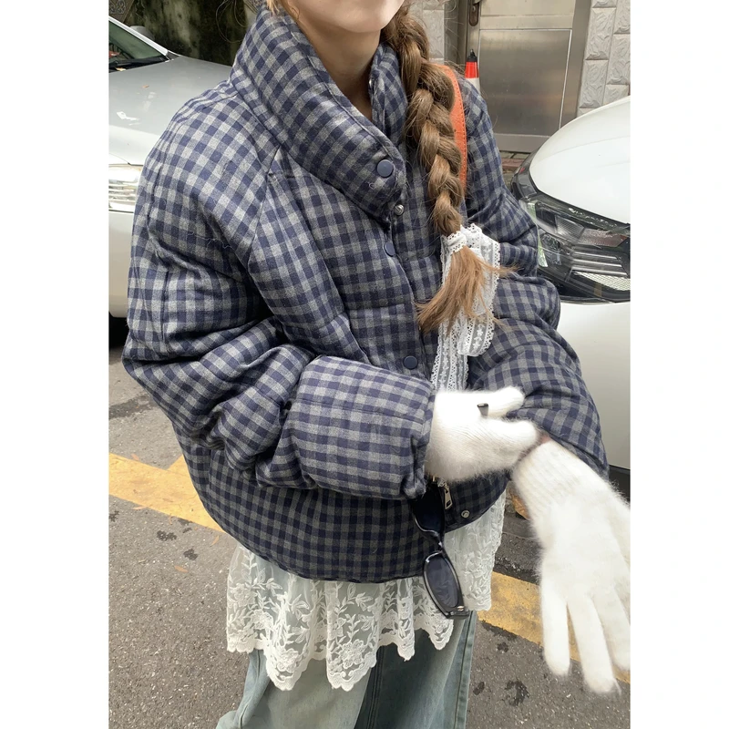 复古格子短款超好看棉服女冬季2025新款小个子加厚面包服棉袄外套