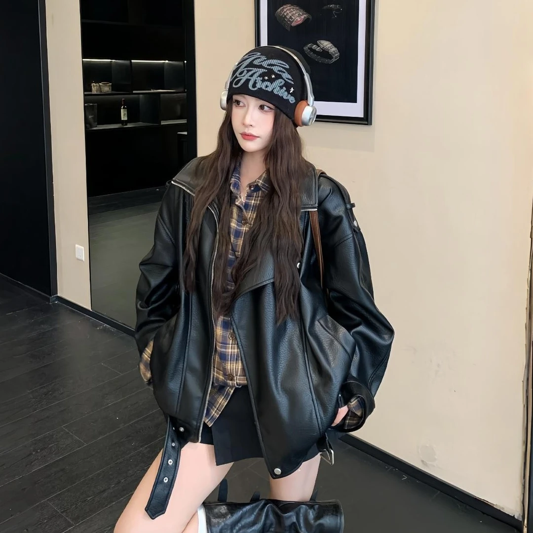 机车皮衣外套女2025早秋新款酷飒风宽松美式复古黑色情侣皮夹克