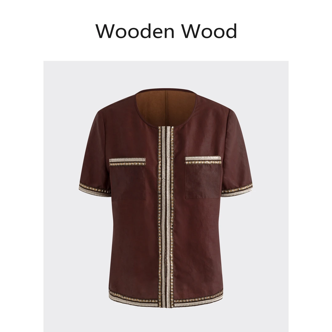 Wooden Wood“墨池丹花”重磅钉珠6A桑蚕丝百搭红云纱外套W25XS538