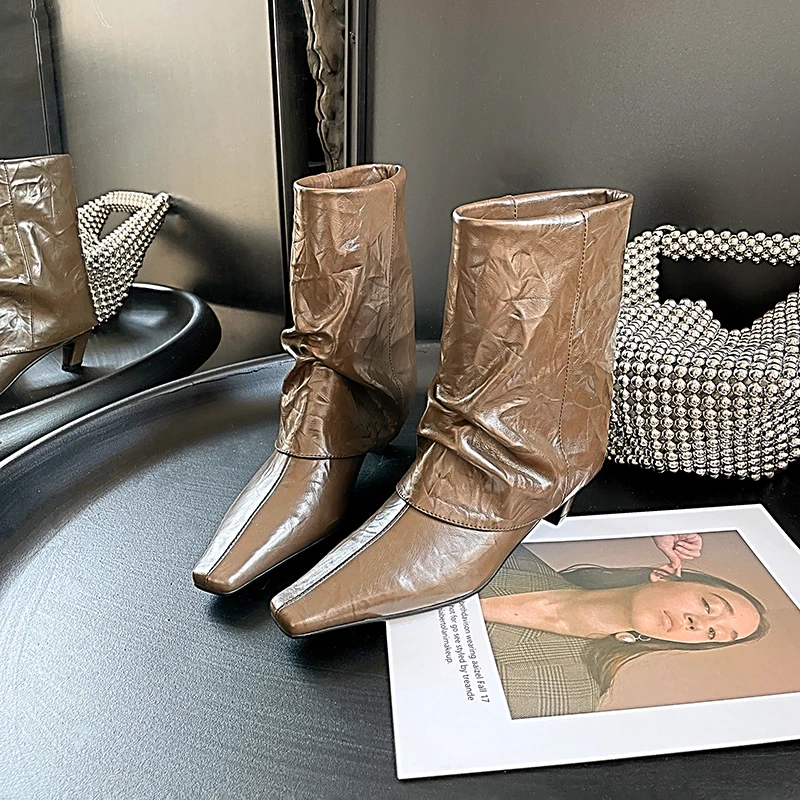 8083/5cm韩版牛皮裤管靴方头拼接翻边褶皱细跟中跟短靴大码时装靴