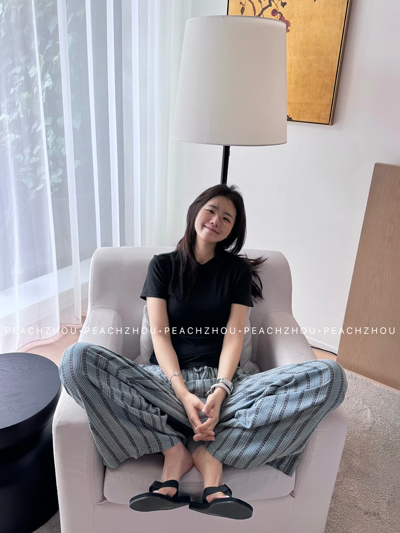 『PEACHZHOU』色织条纹宽松直筒休闲裤抽绳松紧腰度假洋气阔腿长裤