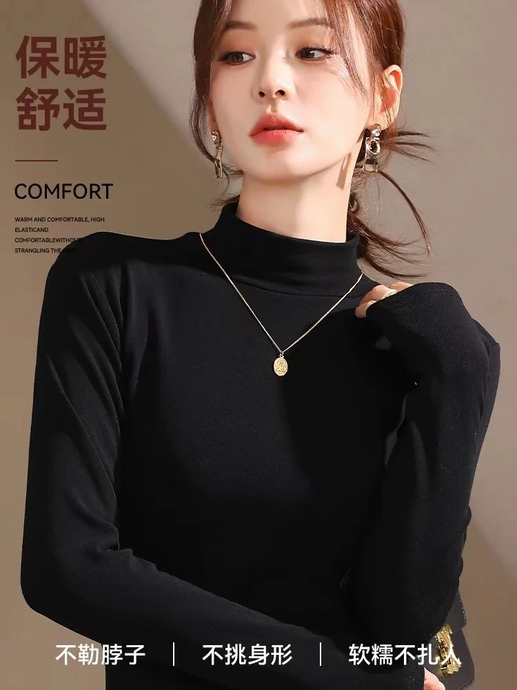 2025新款女士纯色时尚百搭显瘦弹打底衫T恤春秋冬中领上衣半高领