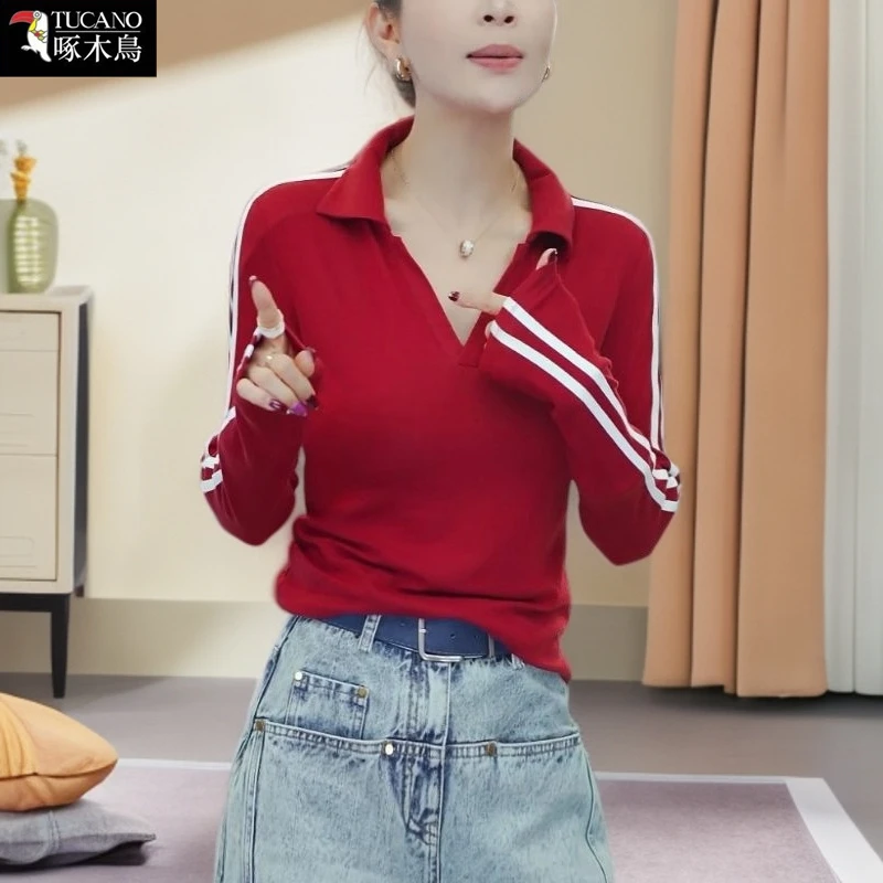啄木鸟翻领长袖打底T恤女2025年秋季新款时尚修身气质设计感上衣