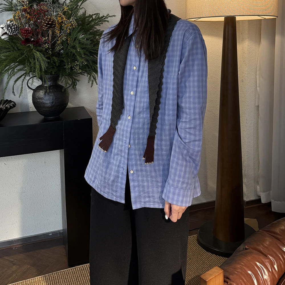 JunJun【宁静】秋冬简约百搭亲肤蓝格子长袖衬衫JJ2782