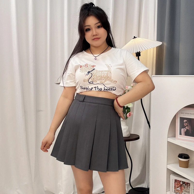 学院风胖mm短裙白色百褶裙配腰带设计感高腰显瘦a字裙半身裙复古