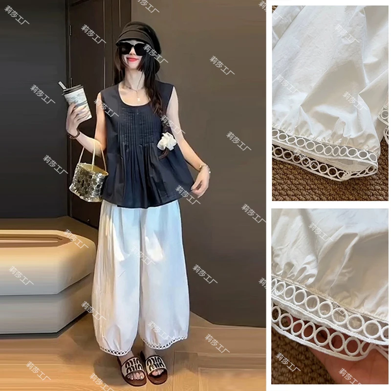 洋气设计花边直筒灯笼裤2025夏季遮肉显瘦轻薄休闲宽松防蚊裤