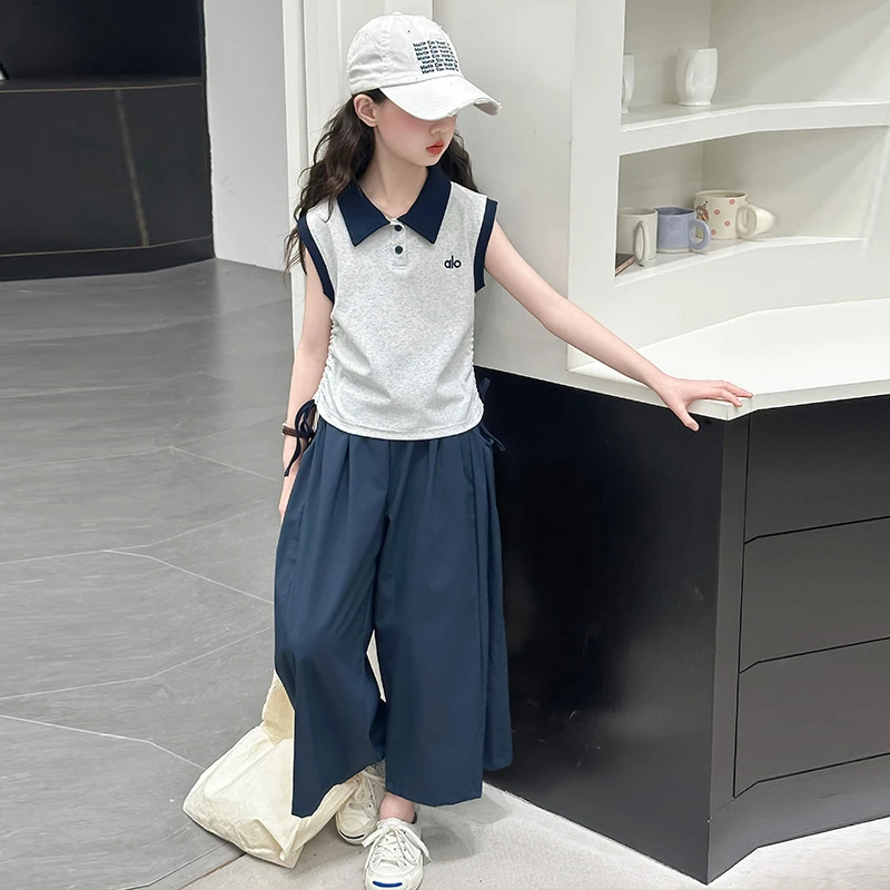 女童夏装套装2025新款儿童洋气薄款无袖Polo短袖夏季阔腿裤两件套