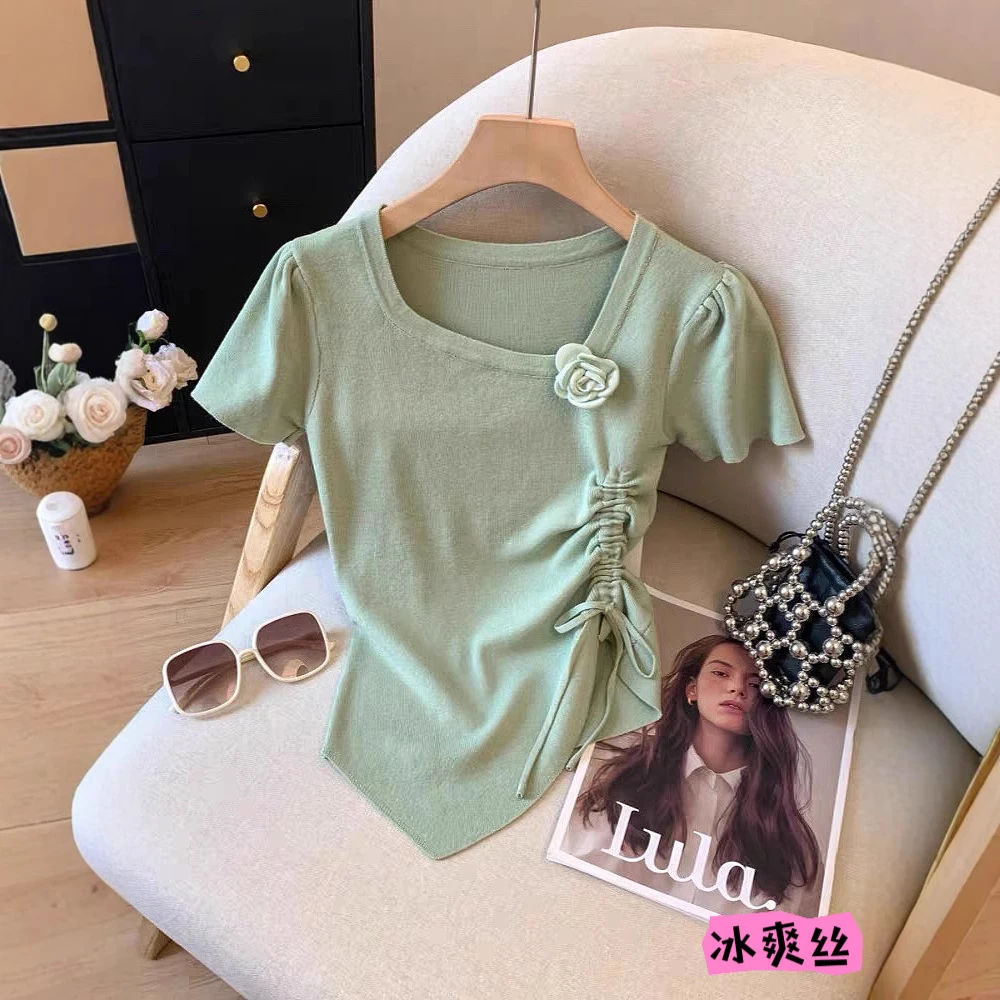 法式花朵冰丝短袖t恤女装夏季设计感抽褶显瘦不规则针织上衣80151