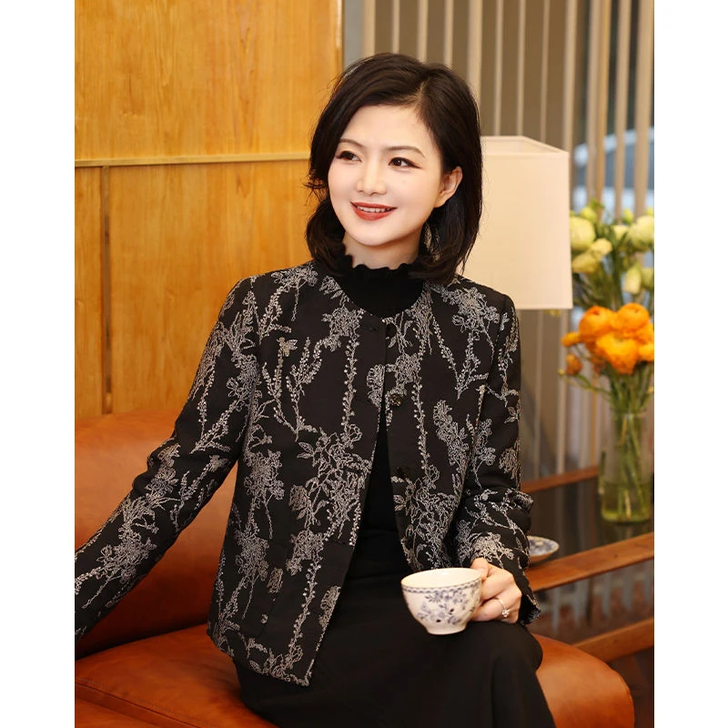 枫竺女装新中式国风刺绣圆领外套女短款2025春秋新款时尚外搭上衣