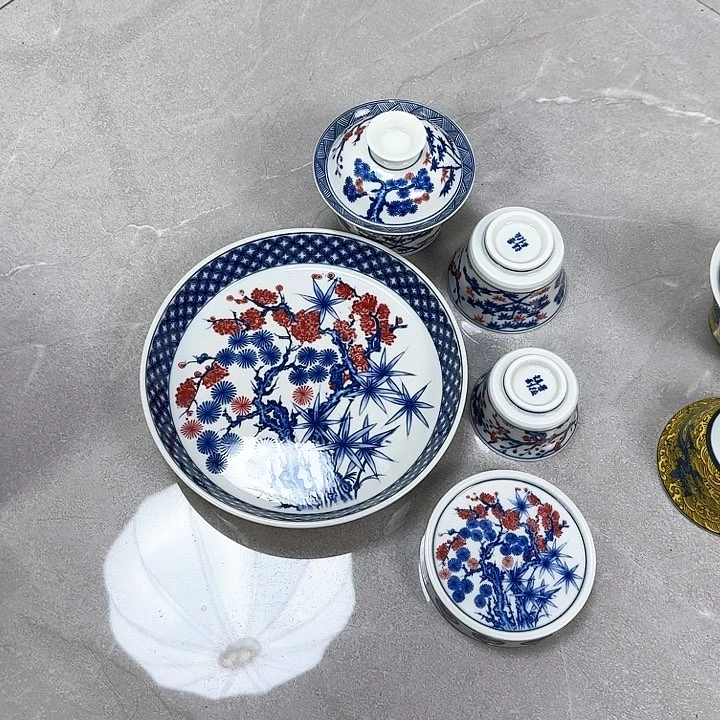 杯釉里红松竹梅5件套景德镇