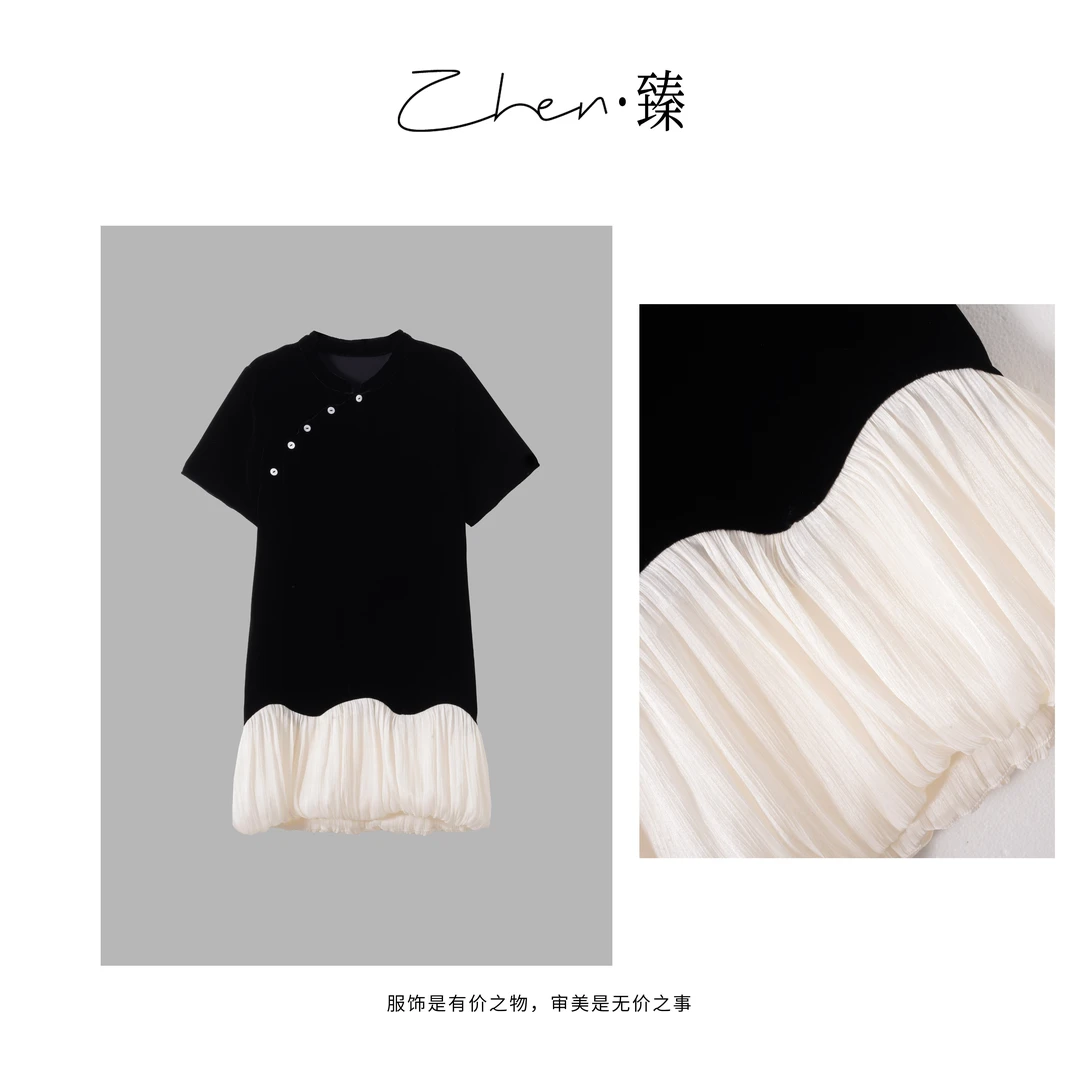 ZHEN.臻 复古新潮斜襟拼接风琴褶真丝丝绒时尚连衣裙LYQ8237Z