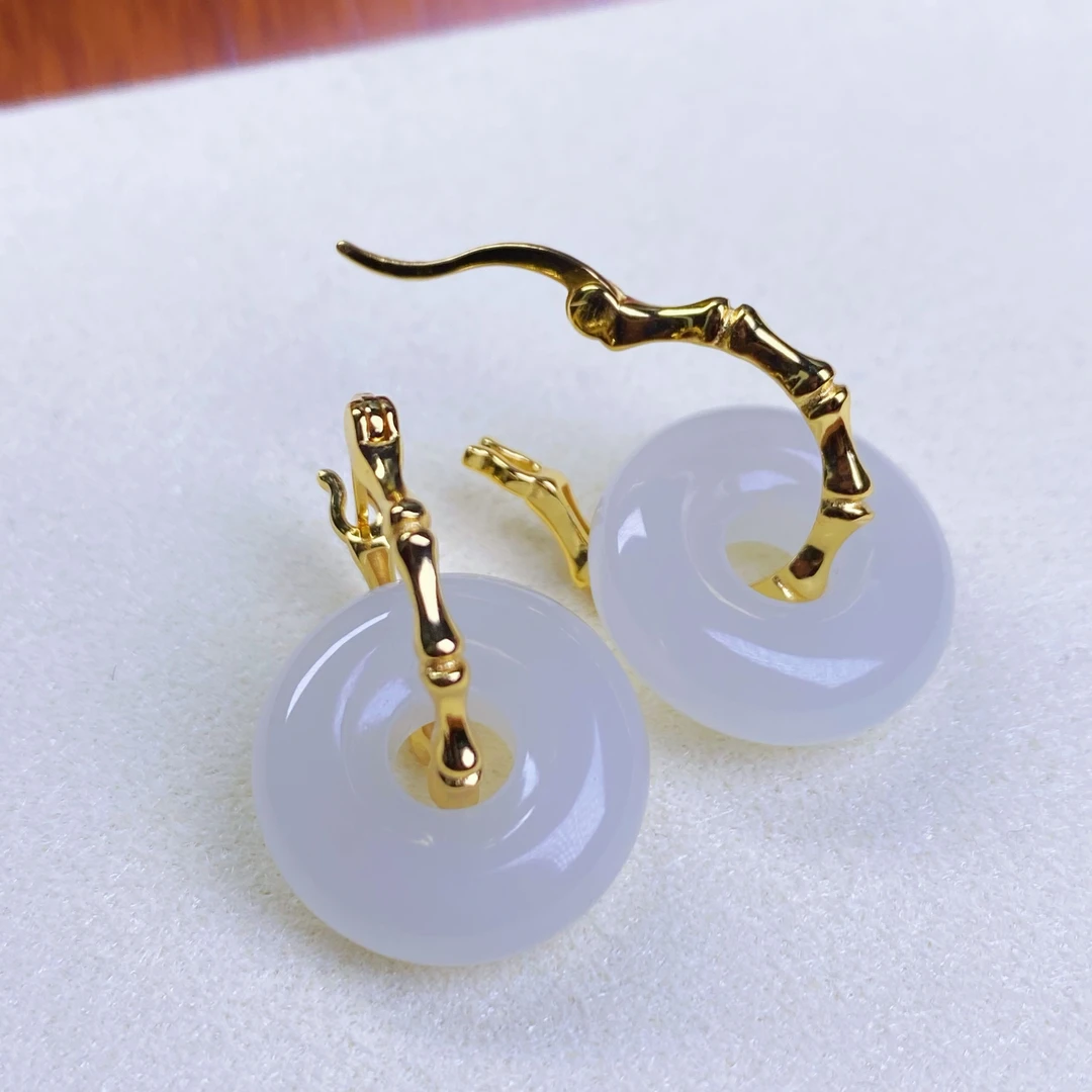 天然和田玉青海料野牛沟晴白玉甜甜圈925银耳环耳饰平安扣女@0055