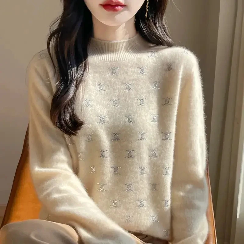 【100%羊毛】双C烫钻衫加厚半高领减龄高级显瘦时尚套头女