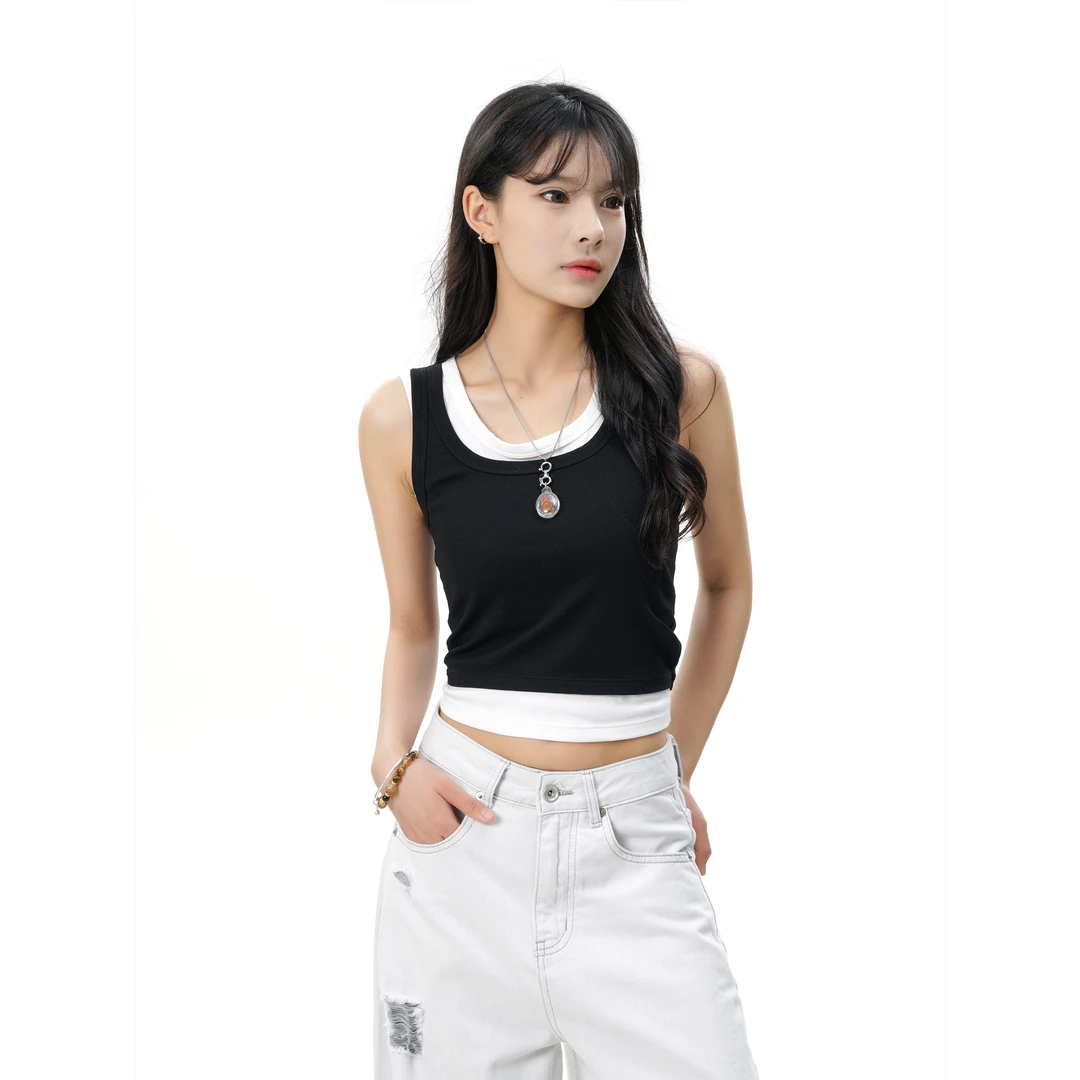 JIANGZHUO 【假两件】春夏韩版短款修身吊带无袖假两件黑白T恤