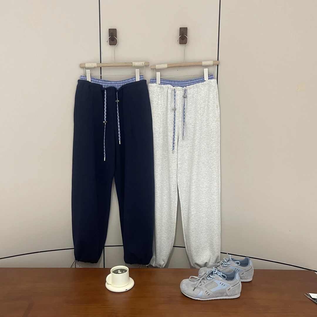 新款气质休闲韩版简约格纹腰头可收脚休闲裤25D046