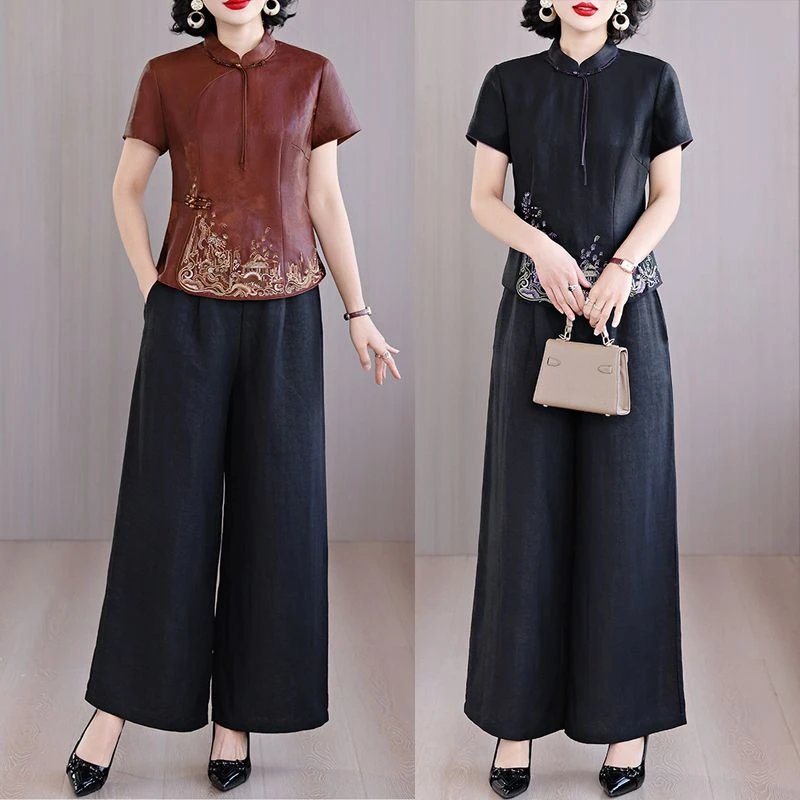 国风新中式仿真丝上衣阔腿裤两件套2025新款中年妈妈缎面套装气质