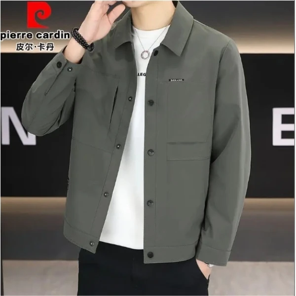 皮尔卡丹翻领男士夹克衫春季新款纽扣单件外套男装2025潮流百搭酷