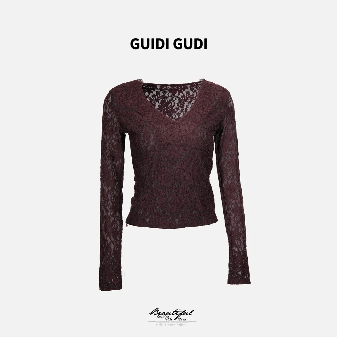 GUIDI GUDI【柔雾】时尚镂空修身长袖T恤/黄加蓝