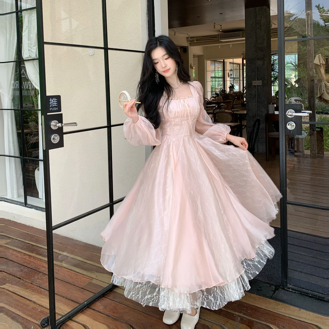 Blovelan绯樱漫舞 法式千金风绝美蕾丝网纱收腰连衣裙