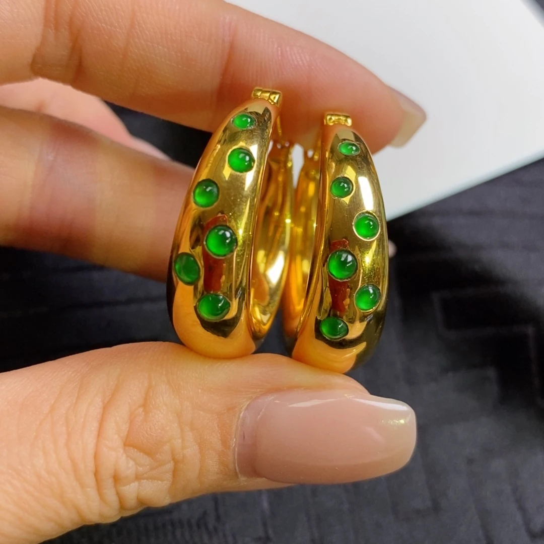 翡翠18K金镶嵌耳饰满绿蛋面耳饰 超洋气