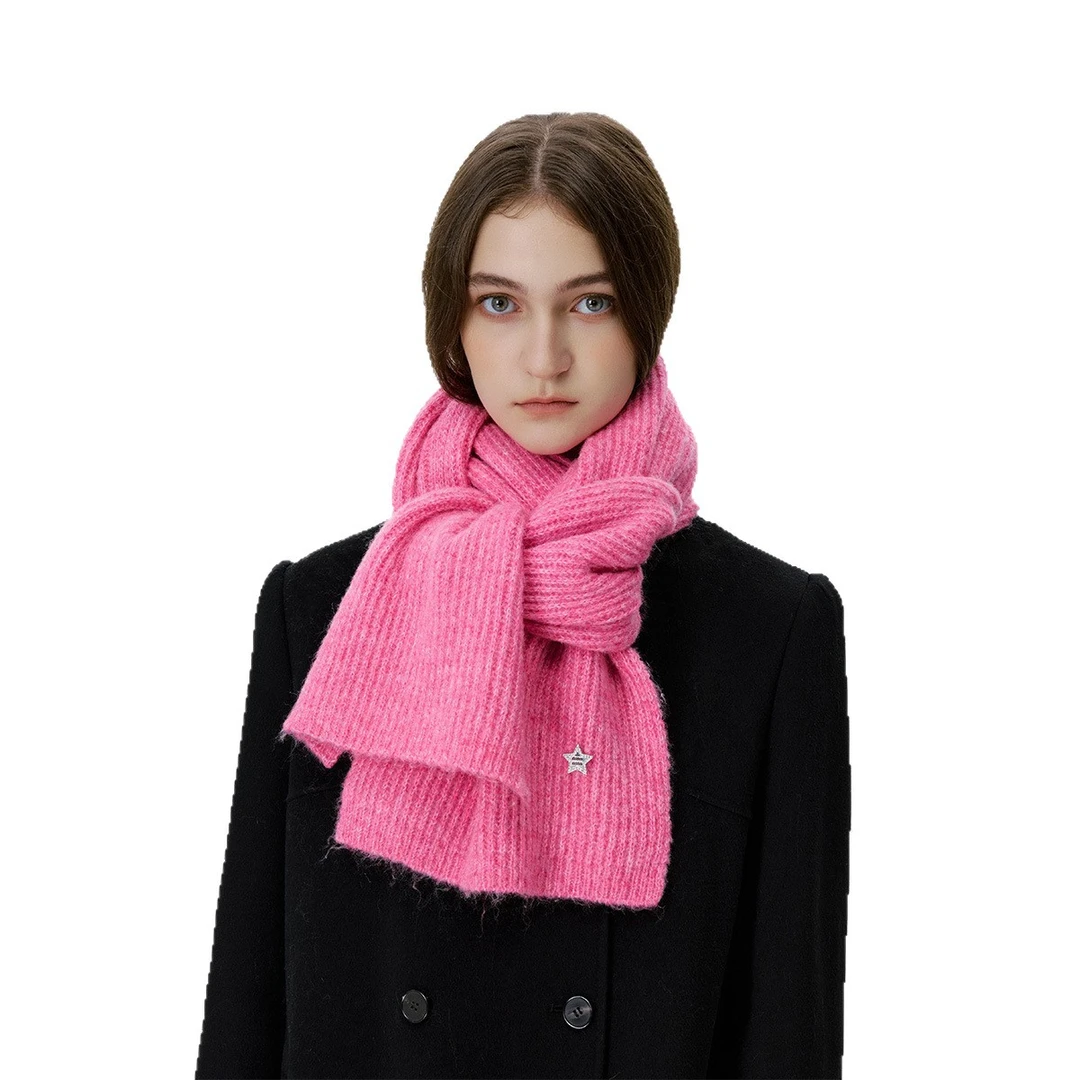 韩版羊毛混纺多巴胺色针织围巾女秋冬季时尚简约百搭保暖围脖