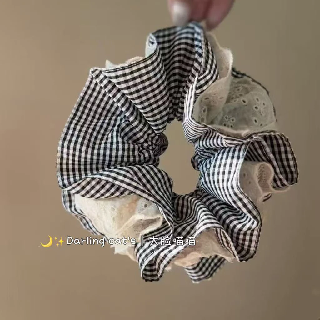 大脸喵 气质丸子头绳大肠马尾皮筋发饰格子蕾丝高级花边发圈发绳