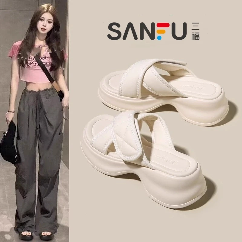 三福百搭凉拖鞋女夏外穿2025新款一字拖厚底魔术贴交叉休闲沙滩鞋